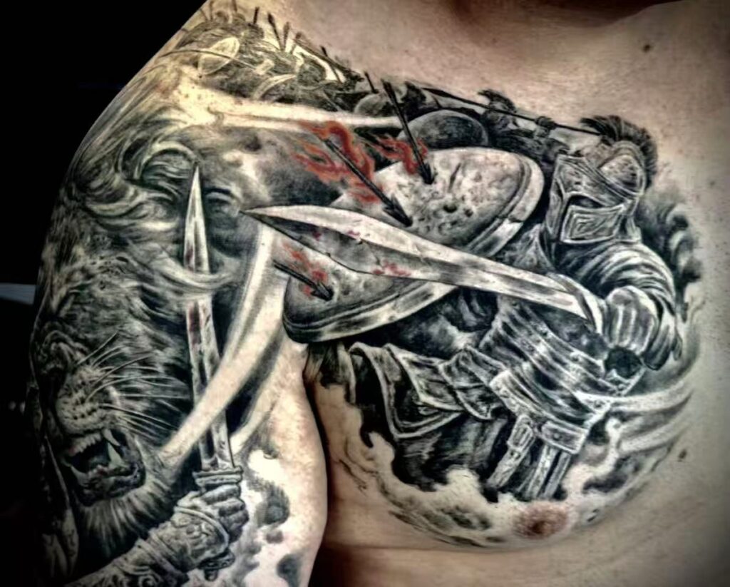 dawei tattoo knight lion battle shoulder chest